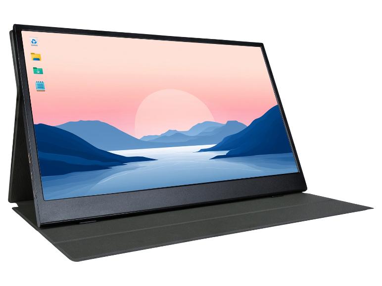 Přenosný monitor s širokoúhlým displejem zobrazující minimalistický obrázek.