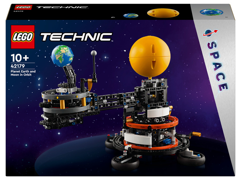 Model LEGO Technic planety Země a Měsíce v oběhu kolem Slunce.