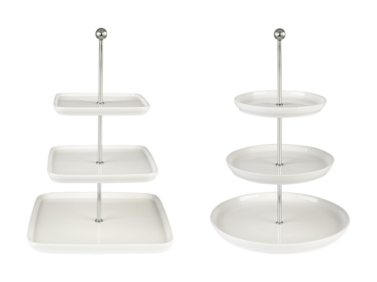 Dva bílé etažéry s kulatými a čtvercovými podnosy