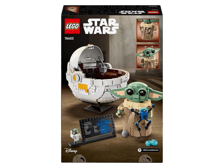 Sada LEGO Star Wars 75403 s Groguem, jeho vznášedlem a informační tabulkou.
