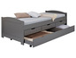 Šedá postel s úložným prostorem, včetně zásuvek a vysouvací postele.
