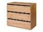 Komoda se třemi zásuvkami, světlé dřevo, černé detaily.
