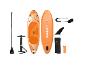 Oranžový paddleboard s pádlem, pumpou, ploutví a příslušenstvím.
