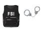 Černá vesta s nápisem 'FBI' a kovová pouta.