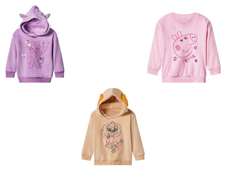 Fialová mikina s kapucí My Little Pony, růžová mikina Peppa Pig a béžová mikina s kapucí Tlapková patrola Skye.