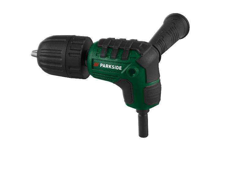 Zelená vrtačka Parkside s přímou a úhlovou hlavou.