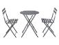 Šedý bistro set s kulatým stolem a dvěma skládacími židlemi.