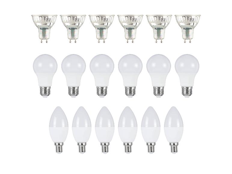 Sada LED žárovek, včetně reflektorů GU10, kulatých a svíčkových žárovek.