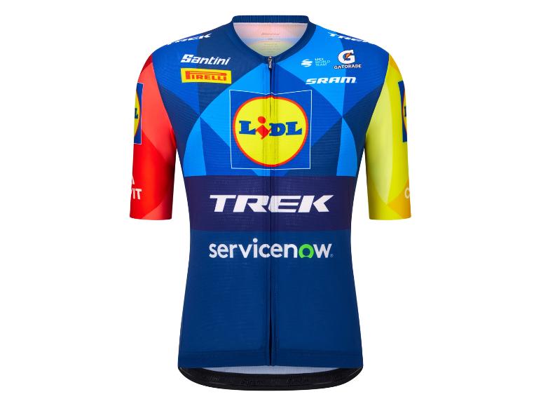 Cyklistický dres v modré, červené a žluté barvě s logem supermarketu a nápisem „TREK“.