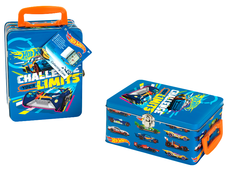 Dva modré kovové kufříky Hot Wheels na sbírání autíček.