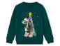 Tmavě zelený vánoční svetr s dinosaurem držícím vánoční stromeček.