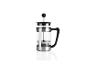 Stříbrný french press s černým držadlem a víkem.