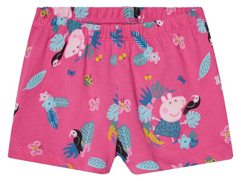 Růžové šortky Peppa Pig s tropickým vzorem a tukanem.