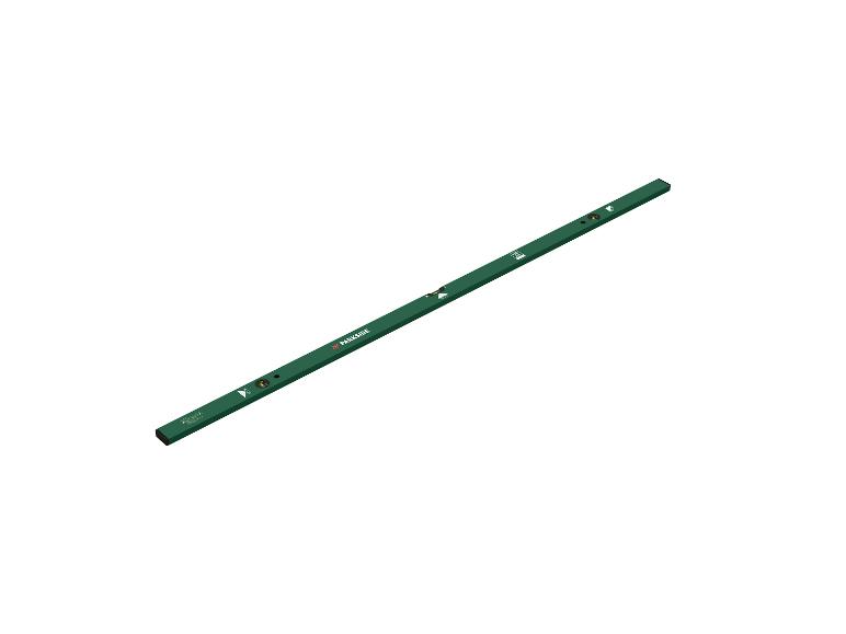Zelená vodováha se třemi bublinkami a měřítkem 100 cm.