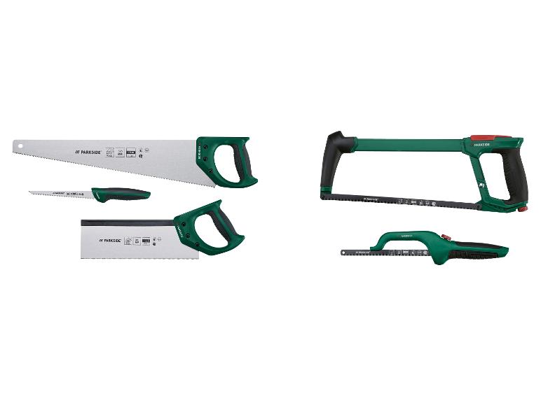 Sada ručních pil Parkside, včetně velké pily na dřevo, prořezávací pily a obloukové pily.