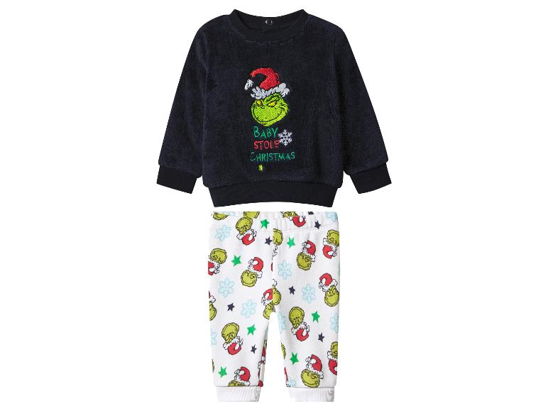 Dětský pyžamový set s motivem Grinch, s chlupatým topem a potištěnými kalhotami.