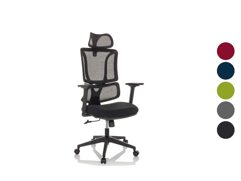 Černá ergonomická kancelářská židle se síťovaným opěradlem a opěrkou hlavy, se vzorky barev