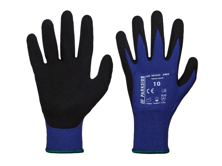 Dva páry modrých pracovních rukavic Parkside s černými špičkami prstů.
