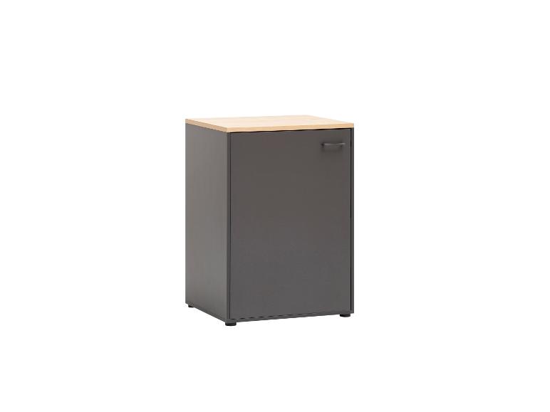 Šedá skříňka se světlou dřevěnou deskou