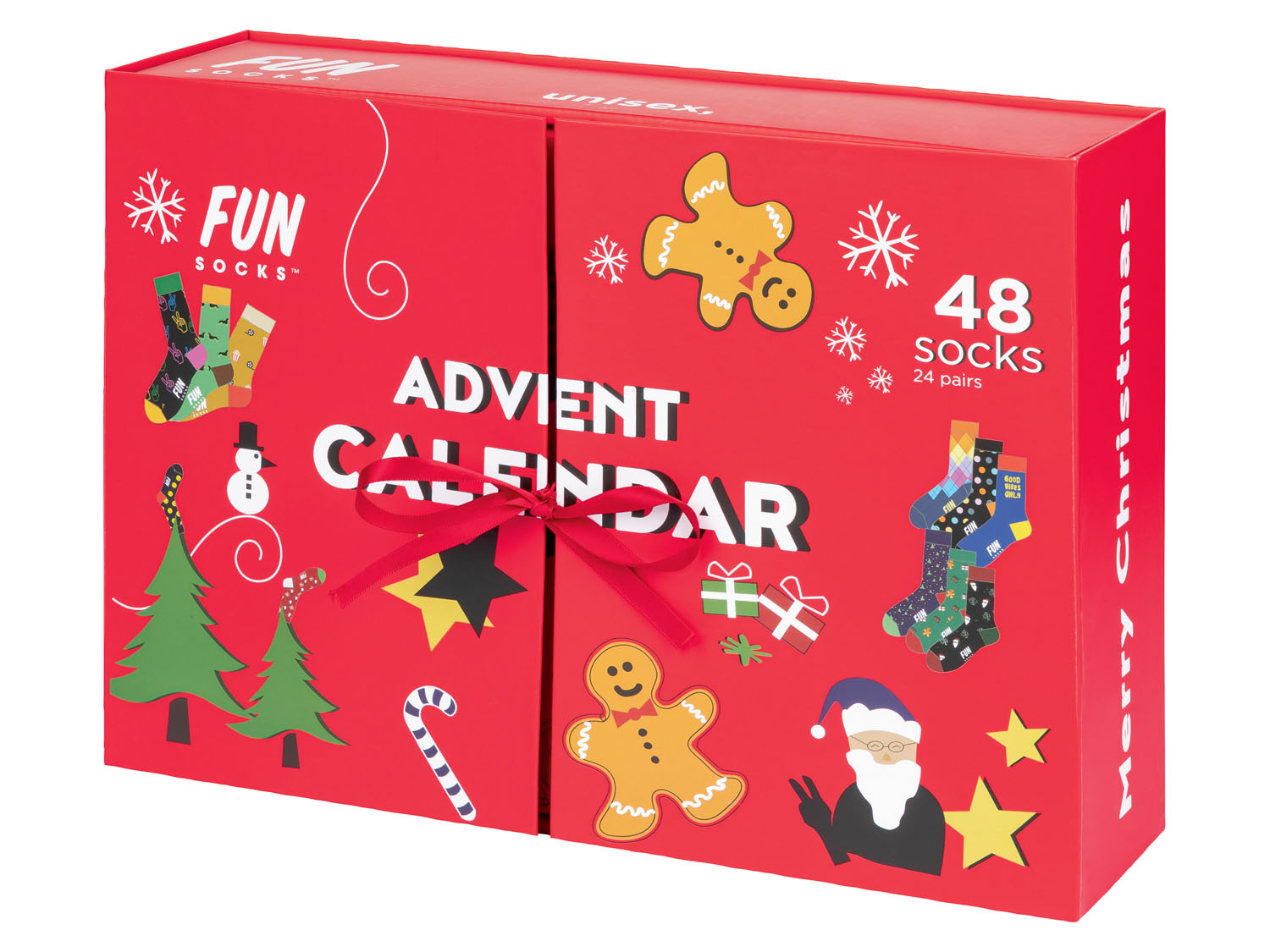Fun Socks Ponožkový adventní kalendář - 24 párů s unikátním designem (41–46, červená)