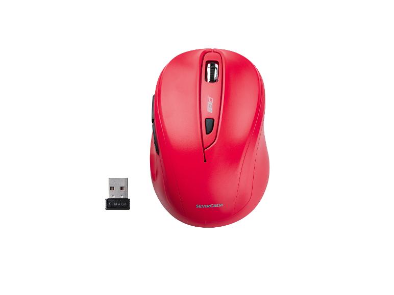 Bezdrátová myš Silvercrest v červené barvě s USB přijímačem.