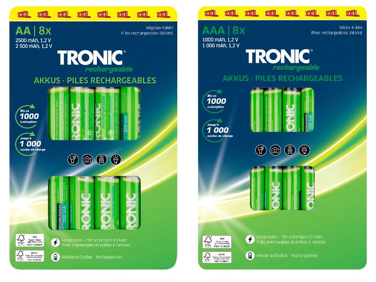 TRONIC dobíjecí AA a AAA baterie, balení 8 kusů, s 1000 nabíjecími cykly.
