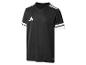 Černé sportovní tričko Adidas s bílými pruhy na ramenou a rukávech.
