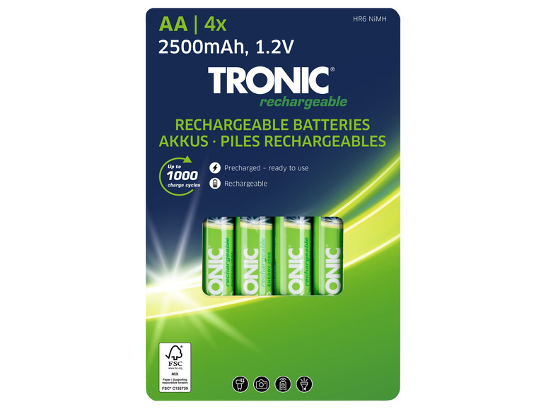 Čtyři nabíjecí baterie AA značky TRONIC s kapacitou 2500 mAh.