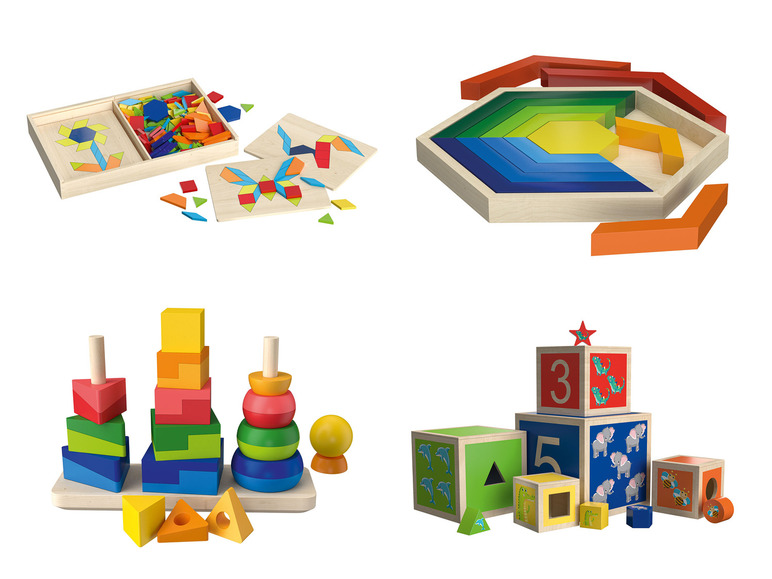 Dřevěné kostky, hry na skládání a geometrické puzzle pro děti.