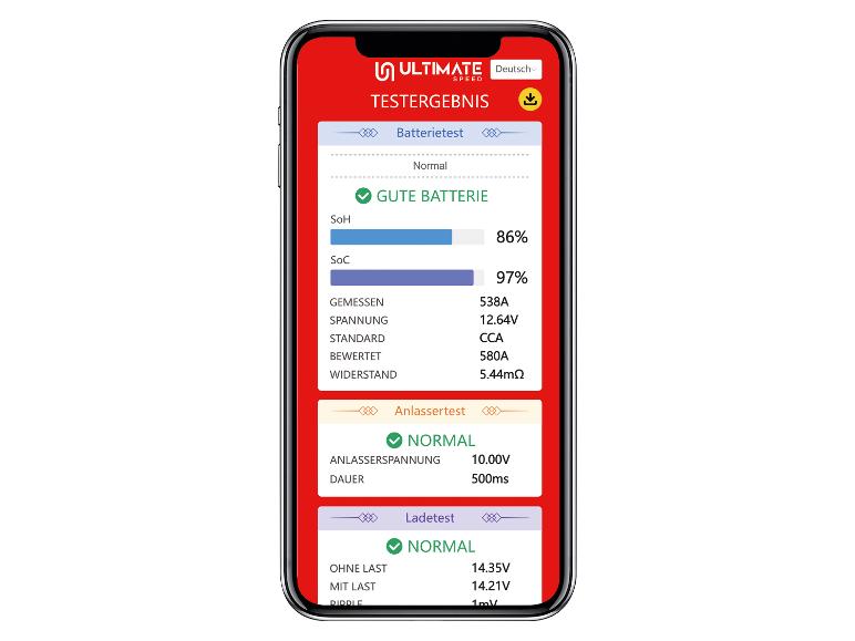 Zobrazení výsledků testu baterie a nabíjení na smartphonu.