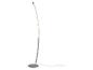 Moderní LED stojací lampa s kulatou základnou a zakřivenou stříbrnou kovovou tyčí.