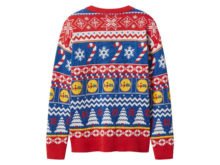 Lidl vánoční svetr, červený a modrý, se vzory sněhových vloček, cukrových holí a vánočních stromků.