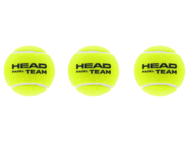 Tři žluté padelové míčky s nápisem „HEAD PADEL TEAM“ na černém pozadí.
