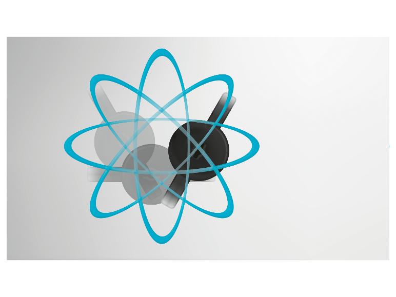 Abstraktní znázornění atomu s černými a šedými tvary.