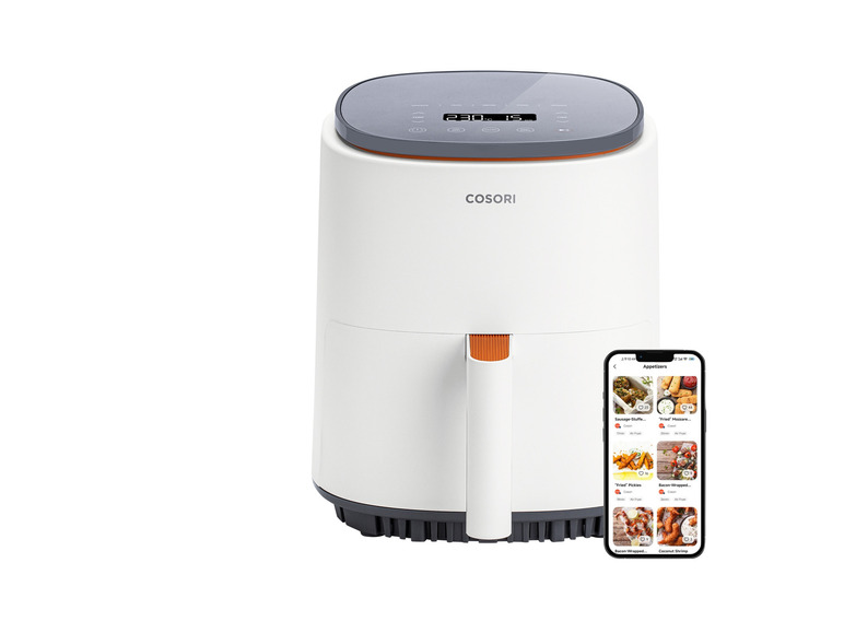 Bílá fritéza Cosori s telefonem zobrazujícím recept na fritézové ​​​​snacks.