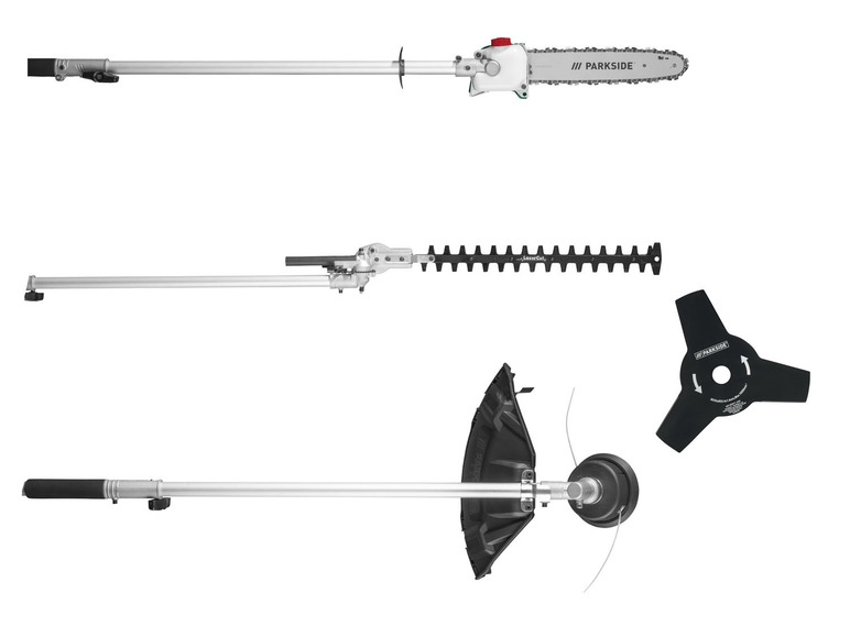 Multitool Parkside s řetězovou pilou, nůžkami na živý plot a sekačkou