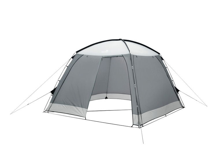 Šedý party stan Easy Camp s bílým vrcholem.
