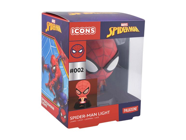Lampa Spider-Man v krabici s grafikou postavy a číslem #002.