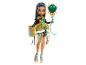 Panenka Cleo De Nile Monster High ve zlatých a tyrkysově modrých šatech, s doplňky a nákupní taškou.