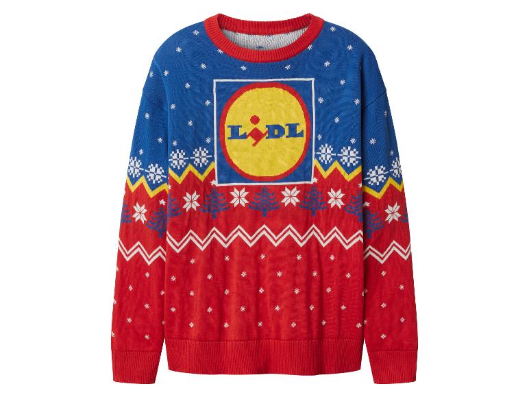 Vánoční svetr Lidl v modré a červené barvě se sněhovými vločkami a logem.