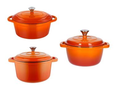 Sada litinových hrnců, Ø 22 cm, Ø 28 cm a litinového pekáče, 29 cm / 4,7 l, oranžová, 3dílná