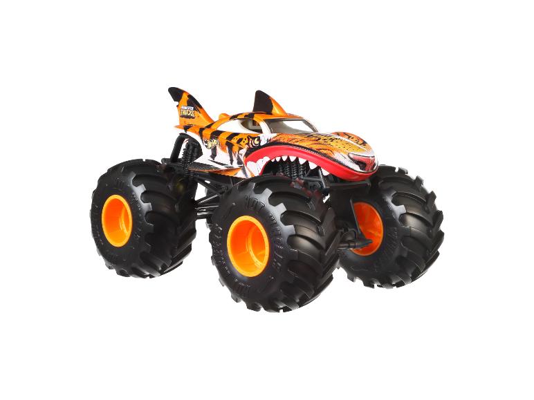Hračka monster truck s designem tygřího žraloka a oranžovými ráfky.