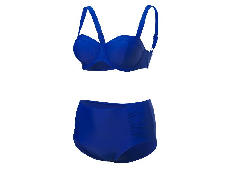 Tmavě modré plavky: bandeau vršek a vysoké kalhotky.
