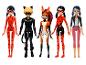 Panenky z Miraculous: Zázračné příběhy Ladybug a Černé kočky, včetně Ladybug, Cat Noir, Rena Rouge a Marinette.