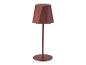 Červená geometrická stolní lampa s vysokým, štíhlým stojanem a kulatou základnou