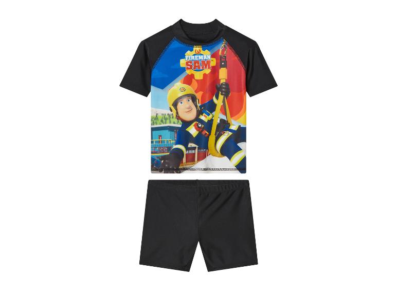 Dětské plavky Fireman Sam: krátký rukáv a černé plavky.