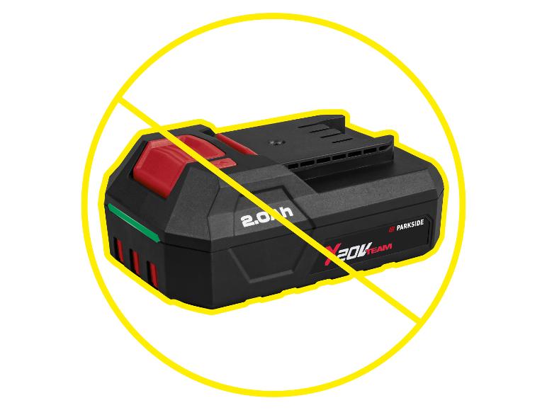Baterie pro elektrické nářadí 2.0 Ah se žlutou přeškrtnutou čarou, což znamená, že není součástí balení.