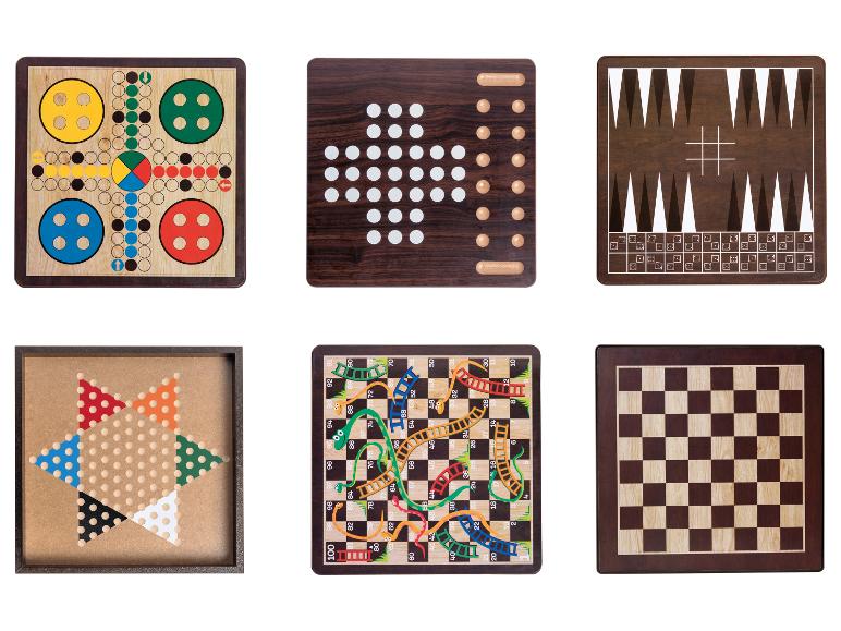 Šest dřevěných deskových her, včetně Ludo, Backgammon a šachů.
