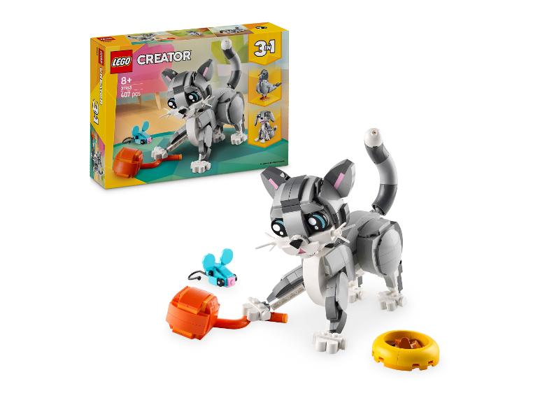 LEGO Creator 3 v 1 sada s kočkou, myší a miskou na jídlo.