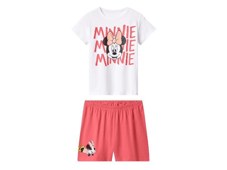 Dívčí pyžamo s bílým tričkem s krátkým rukávem a korálovými šortkami s potiskem Minnie Mouse.